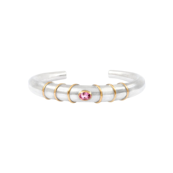 Bracelet Jonc Dune (ovale), Argent et Or 18k, Tourmaline Rose