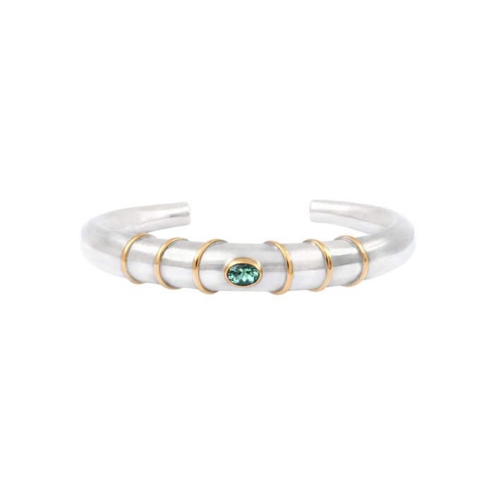 Bracelet Jonc Dune (ovale), Argent et Or 18k, Tourmaline verte